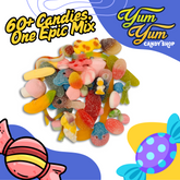 Colorful candy mix with 'Yum Yum Candy Shop' branding on a white and blue background.